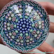 Load image into Gallery viewer, Vintage Scottish PERTHSHIRE Paperweight. Aqua Ground, 10 Short Spokes &amp; Millefiori Canes. ORIGINAL BOX
