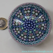 Load image into Gallery viewer, Vintage Scottish PERTHSHIRE Paperweight. Aqua Ground, 10 Short Spokes &amp; Millefiori Canes. ORIGINAL BOX
