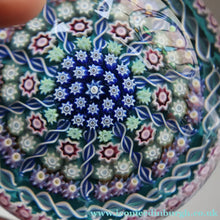 Load image into Gallery viewer, Vintage Scottish PERTHSHIRE Paperweight. Aqua Ground, 10 Short Spokes &amp; Millefiori Canes. ORIGINAL BOX
