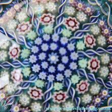 Load image into Gallery viewer, Vintage Scottish PERTHSHIRE Paperweight. Aqua Ground, 10 Short Spokes &amp; Millefiori Canes. ORIGINAL BOX
