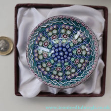 Load image into Gallery viewer, Vintage Scottish PERTHSHIRE Paperweight. Aqua Ground, 10 Short Spokes &amp; Millefiori Canes. ORIGINAL BOX
