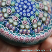 Load image into Gallery viewer, Vintage Scottish PERTHSHIRE Paperweight. Aqua Ground, 10 Short Spokes &amp; Millefiori Canes. ORIGINAL BOX

