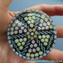 Load image into Gallery viewer, Scottish PERTHSHIRE Paperweight. Dark Aqua Ground. 6 Spokes &amp; Millefiori Canes with P Cane
