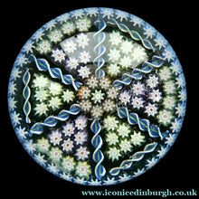 Load image into Gallery viewer, Scottish PERTHSHIRE Paperweight. Dark Aqua Ground. 6 Spokes &amp; Millefiori Canes with P Cane
