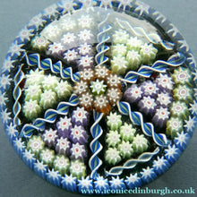 Load image into Gallery viewer, Scottish PERTHSHIRE Paperweight. Dark Aqua Ground. 6 Spokes &amp; Millefiori Canes with P Cane
