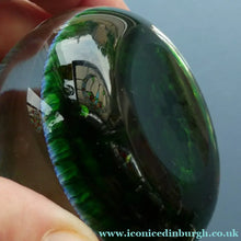 Load image into Gallery viewer, Scottish PERTHSHIRE Paperweight. Dark Aqua Ground. 6 Spokes &amp; Millefiori Canes with P Cane
