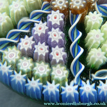Load image into Gallery viewer, Scottish PERTHSHIRE Paperweight. Dark Aqua Ground. 6 Spokes &amp; Millefiori Canes with P Cane
