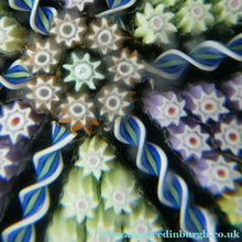 Load image into Gallery viewer, Scottish PERTHSHIRE Paperweight. Dark Aqua Ground. 6 Spokes &amp; Millefiori Canes with P Cane
