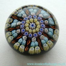Load image into Gallery viewer, Scottish PERTHSHIRE Paperweight. Dark Blue Ground, 10 Short Spokes &amp; Millefiori Canes
