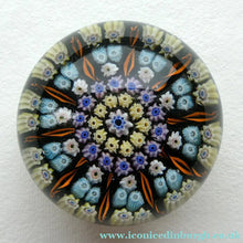 Load image into Gallery viewer, Scottish PERTHSHIRE Paperweight. Dark Blue Ground, 10 Short Spokes &amp; Millefiori Canes
