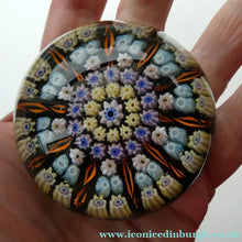 Load image into Gallery viewer, Scottish PERTHSHIRE Paperweight. Dark Blue Ground, 10 Short Spokes &amp; Millefiori Canes
