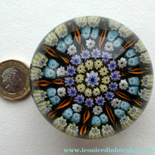 Load image into Gallery viewer, Scottish PERTHSHIRE Paperweight. Dark Blue Ground, 10 Short Spokes &amp; Millefiori Canes
