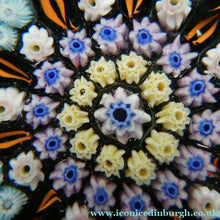 Load image into Gallery viewer, Scottish PERTHSHIRE Paperweight. Dark Blue Ground, 10 Short Spokes &amp; Millefiori Canes
