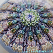 Load image into Gallery viewer, 1970s Perthshire Glass Paperweight. Pale Blue Ground Fourteen Spokes &amp; Millefiori Canes. Label to Base - Paperweight
