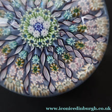 Load image into Gallery viewer, 1970s Perthshire Glass Paperweight. Pale Blue Ground Fourteen Spokes &amp; Millefiori Canes. Label to Base - Paperweight
