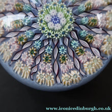 Load image into Gallery viewer, 1970s Perthshire Glass Paperweight. Pale Blue Ground Fourteen Spokes &amp; Millefiori Canes. Label to Base - Paperweight
