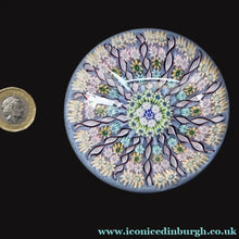 Load image into Gallery viewer, 1970s Perthshire Glass Paperweight. Pale Blue Ground Fourteen Spokes &amp; Millefiori Canes. Label to Base - Paperweight
