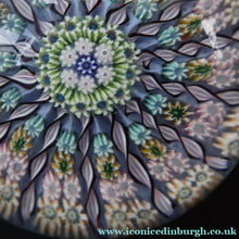 Load image into Gallery viewer, 1970s Perthshire Glass Paperweight. Pale Blue Ground Fourteen Spokes &amp; Millefiori Canes. Label to Base - Paperweight
