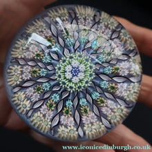 Load image into Gallery viewer, 1970s Perthshire Glass Paperweight. Pale Blue Ground Fourteen Spokes &amp; Millefiori Canes. Label to Base - Paperweight
