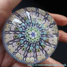 Load image into Gallery viewer, 1970s Perthshire Glass Paperweight. Pale Blue Ground Fourteen Spokes &amp; Millefiori Canes. Label to Base - Paperweight

