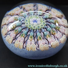 Load image into Gallery viewer, 1970s Perthshire Glass Paperweight. Pale Blue Ground Fourteen Spokes &amp; Millefiori Canes. Label to Base - Paperweight
