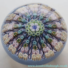 Load image into Gallery viewer, 1970s Perthshire Glass Paperweight. Pale Blue Ground Fourteen Spokes &amp; Millefiori Canes. Label to Base - Paperweight
