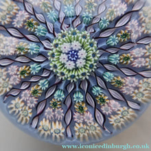Load image into Gallery viewer, 1970s Perthshire Glass Paperweight. Pale Blue Ground Fourteen Spokes &amp; Millefiori Canes. Label to Base - Paperweight

