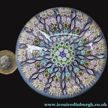 Load image into Gallery viewer, 1970s Perthshire Glass Paperweight. Pale Blue Ground Fourteen Spokes &amp; Millefiori Canes. Label to Base - Paperweight
