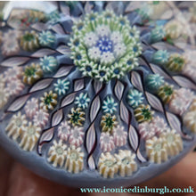 Load image into Gallery viewer, 1970s Perthshire Glass Paperweight. Pale Blue Ground Fourteen Spokes &amp; Millefiori Canes. Label to Base - Paperweight
