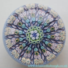 Load image into Gallery viewer, 1970s Perthshire Glass Paperweight. Pale Blue Ground Fourteen Spokes &amp; Millefiori Canes. Label to Base - Paperweight
