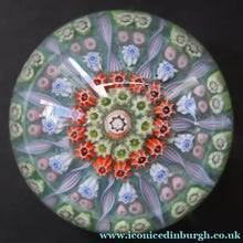 Load image into Gallery viewer, Vintage 1970s Scottish PERTHSHIRE Paperweight. Pale Ice Blue Ground. 11 Half Spokes &amp; Millefiori Canes - Paperweight
