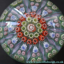 Load image into Gallery viewer, Vintage 1970s Scottish PERTHSHIRE Paperweight. Pale Ice Blue Ground. 11 Half Spokes &amp; Millefiori Canes
