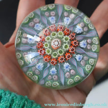 Load image into Gallery viewer, Vintage 1970s Scottish PERTHSHIRE Paperweight. Pale Ice Blue Ground. 11 Half Spokes &amp; Millefiori Canes
