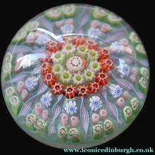 Load image into Gallery viewer, Vintage 1970s Scottish PERTHSHIRE Paperweight. Pale Ice Blue Ground. 11 Half Spokes &amp; Millefiori Canes
