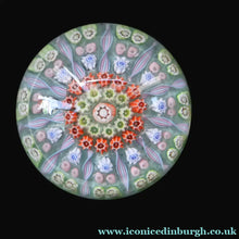 Load image into Gallery viewer, Vintage 1970s Scottish PERTHSHIRE Paperweight. Pale Ice Blue Ground. 11 Half Spokes &amp; Millefiori Canes

