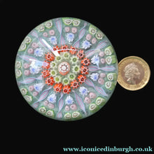Load image into Gallery viewer, Vintage 1970s Scottish PERTHSHIRE Paperweight. Pale Ice Blue Ground. 11 Half Spokes &amp; Millefiori Canes
