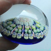 Load image into Gallery viewer, Vintage 1970s Scottish PERTHSHIRE Paperweight. Royal Blue Ground, 11 Spokes &amp; Millefiori Canes
