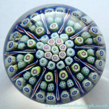 Load image into Gallery viewer, Vintage 1970s Scottish PERTHSHIRE Paperweight. Royal Blue Ground, 11 Spokes &amp; Millefiori Canes
