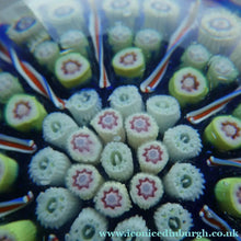 Load image into Gallery viewer, Vintage 1970s Scottish PERTHSHIRE Paperweight. Royal Blue Ground, 11 Spokes &amp; Millefiori Canes

