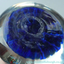 Load image into Gallery viewer, Vintage 1970s Scottish PERTHSHIRE Paperweight. Royal Blue Ground, 11 Spokes &amp; Millefiori Canes

