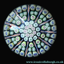 Load image into Gallery viewer, Vintage 1970s Scottish PERTHSHIRE Paperweight. Royal Blue Ground, 11 Spokes &amp; Millefiori Canes

