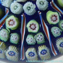 Load image into Gallery viewer, Vintage 1970s Scottish PERTHSHIRE Paperweight. Royal Blue Ground, 11 Spokes &amp; Millefiori Canes
