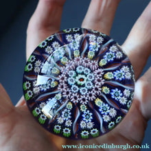 Load image into Gallery viewer, 1970s Scottish PERTHSHIRE Paperweight. Royal Blue Ground, 12 Spokes &amp; Millefiori Canes
