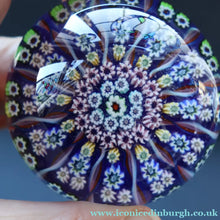 Load image into Gallery viewer, 1970s Scottish PERTHSHIRE Paperweight. Royal Blue Ground, 12 Spokes &amp; Millefiori Canes
