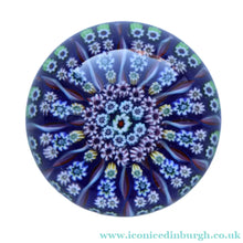 Load image into Gallery viewer, 1970s Scottish PERTHSHIRE Paperweight. Royal Blue Ground, 12 Spokes &amp; Millefiori Canes
