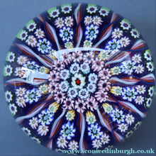Load image into Gallery viewer, 1970s Scottish PERTHSHIRE Paperweight. Royal Blue Ground, 12 Spokes &amp; Millefiori Canes
