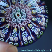 Load image into Gallery viewer, 1970s Scottish PERTHSHIRE Paperweight. Royal Blue Ground, 12 Spokes &amp; Millefiori Canes
