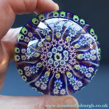Load image into Gallery viewer, 1970s Scottish PERTHSHIRE Paperweight. Royal Blue Ground, 12 Spokes &amp; Millefiori Canes
