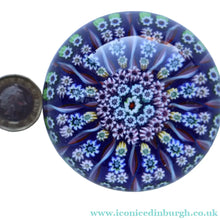 Load image into Gallery viewer, 1970s Scottish PERTHSHIRE Paperweight. Royal Blue Ground, 12 Spokes &amp; Millefiori Canes
