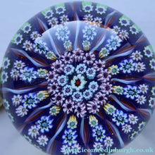 Load image into Gallery viewer, 1970s Scottish PERTHSHIRE Paperweight. Royal Blue Ground, 12 Spokes &amp; Millefiori Canes
